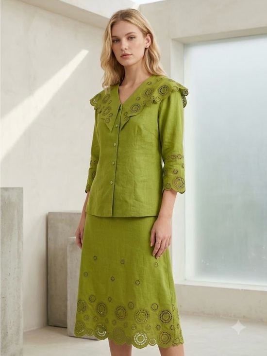 Dresses & Skirts - 🔴 2Pcs. Linen Olive Green Eyelet Midi Skirt- Size L